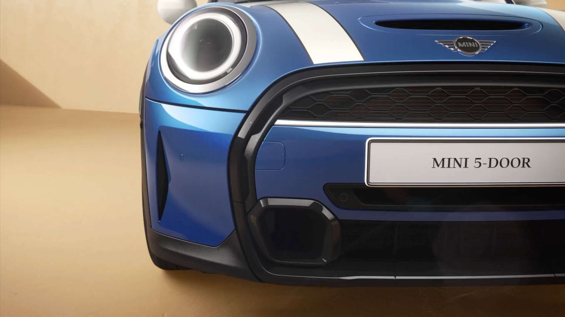 MINI 5 puertas Hatch – vista lateral frontal – azul y blanco