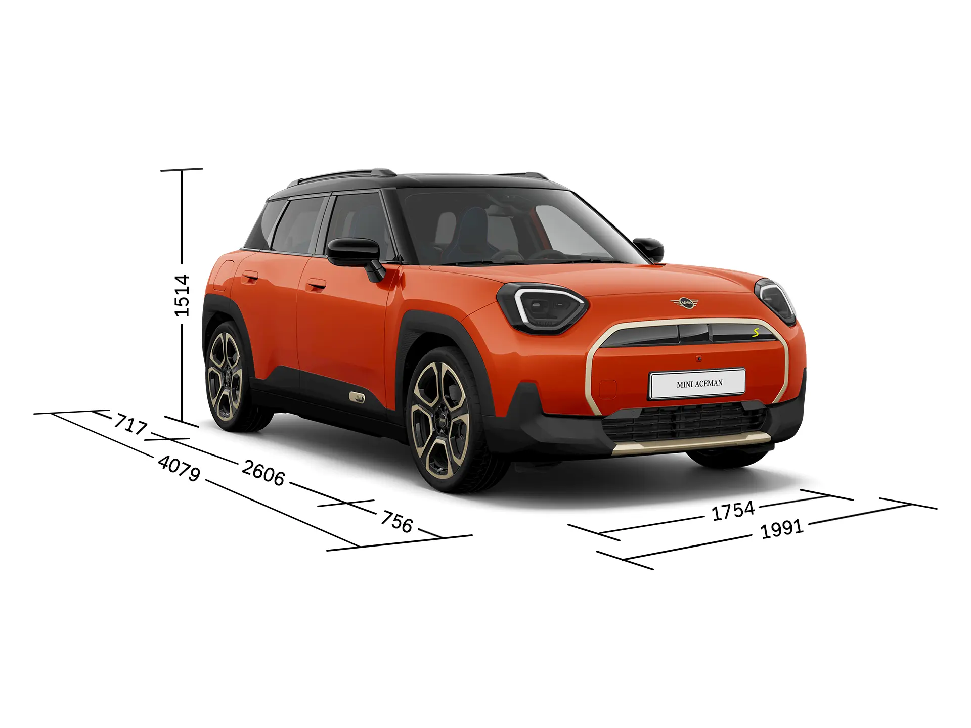 MINI Aceman 100% eléctrico - Vista frontal con medidas