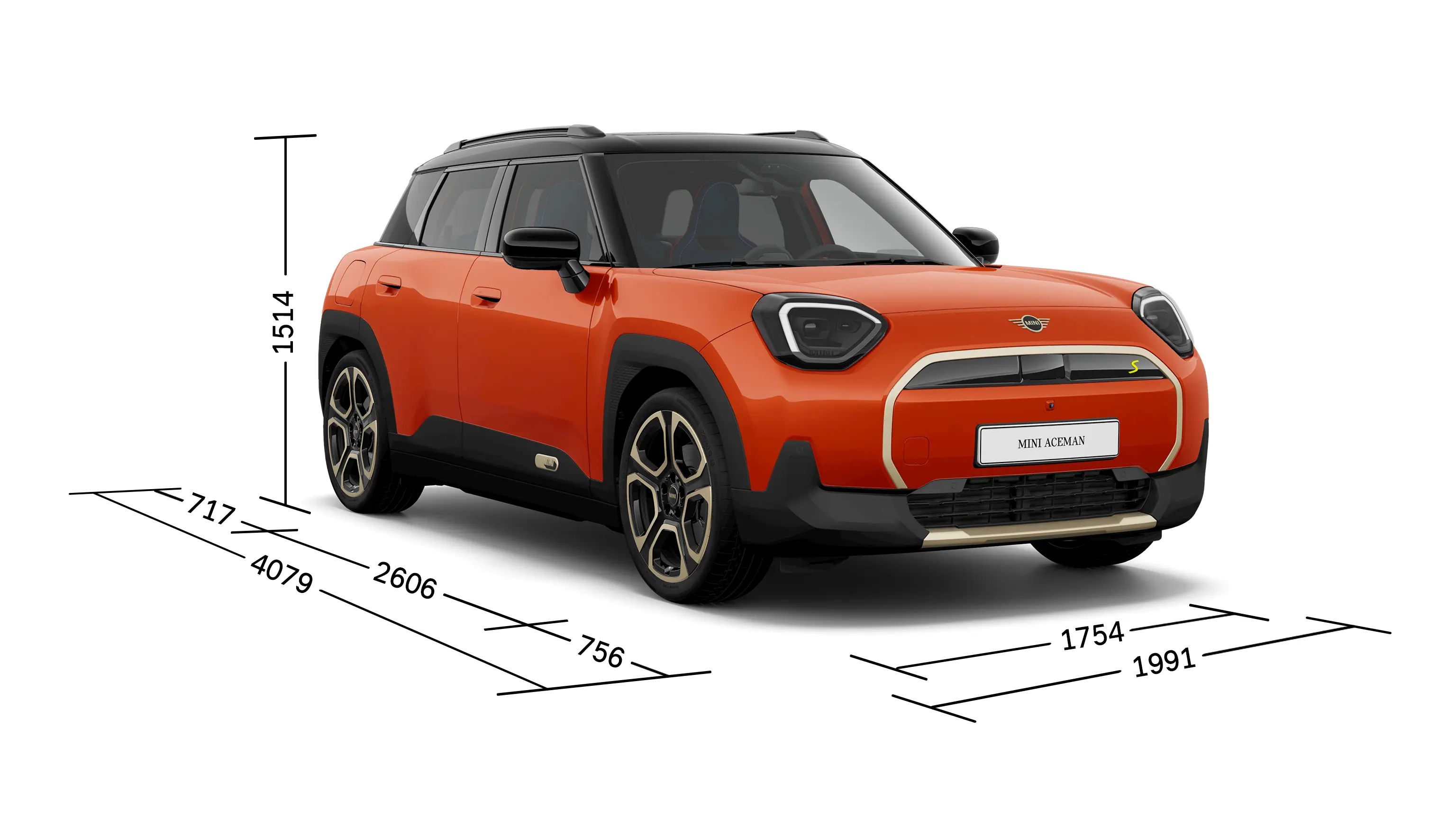 MINI Aceman 100% eléctrico - Vista frontal con medidas