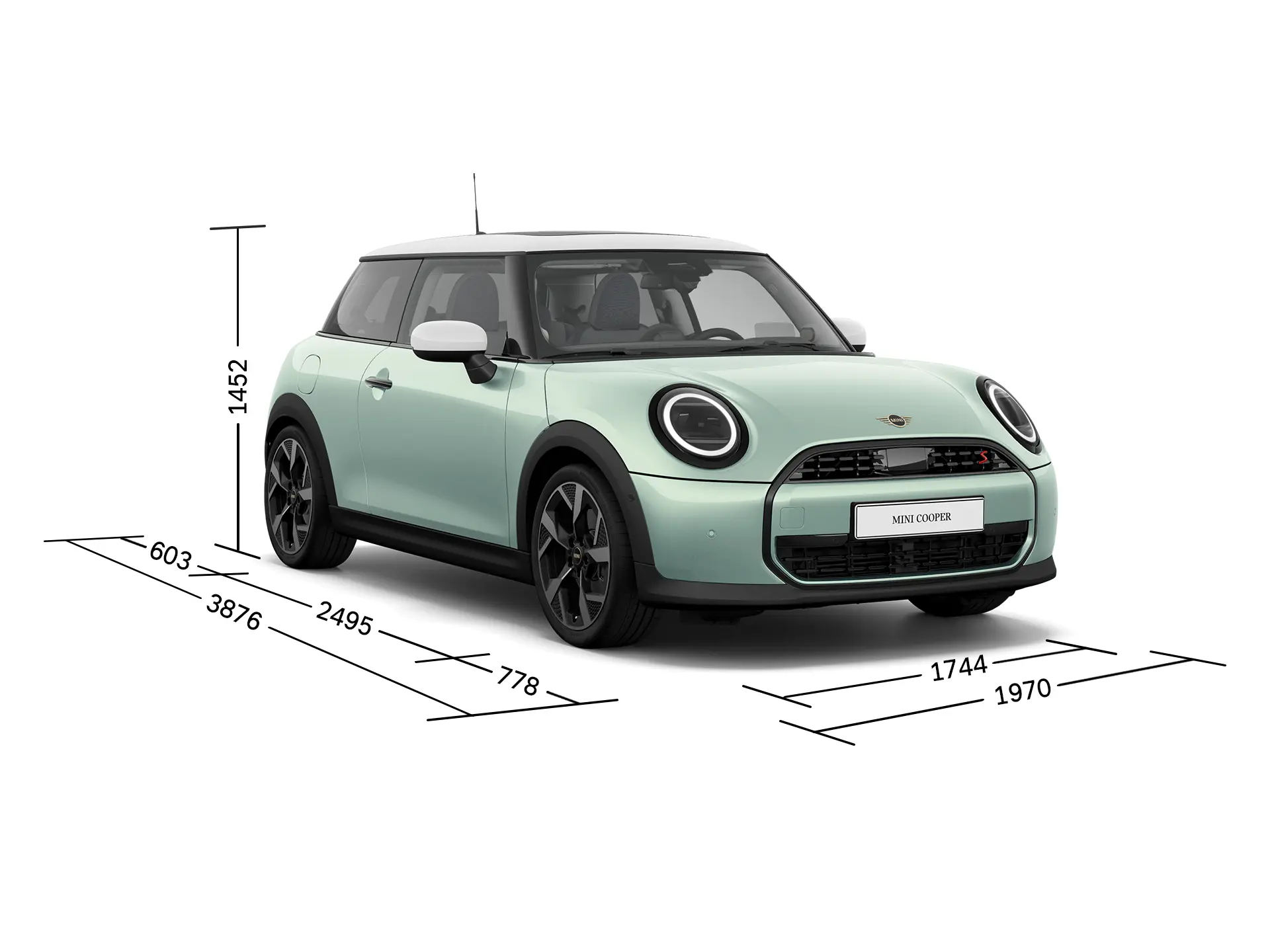 MINI Cooper 3 puertas - Vista frontal con medidas