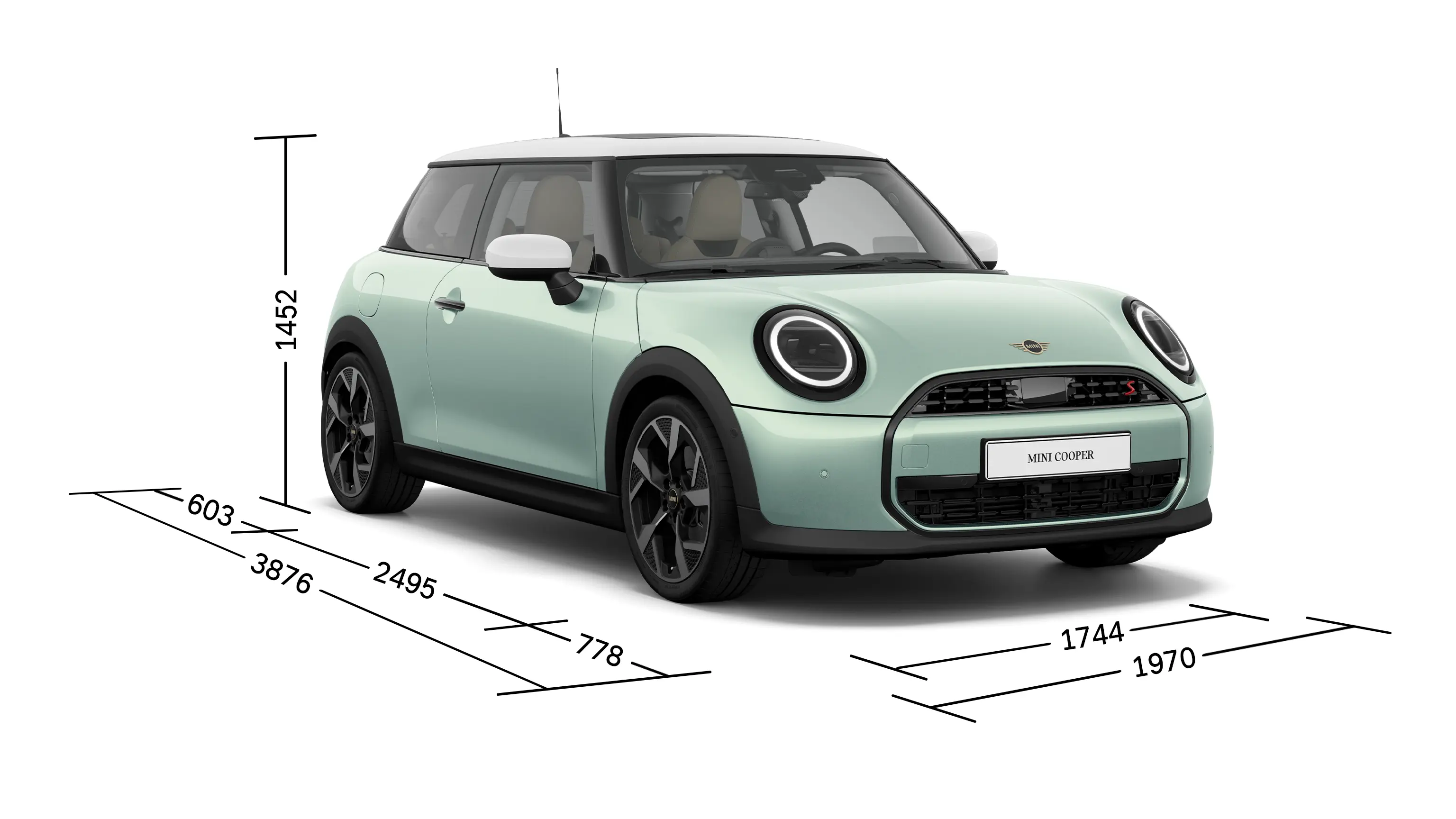 MINI Cooper 3 puertas - Vista frontal con medidas