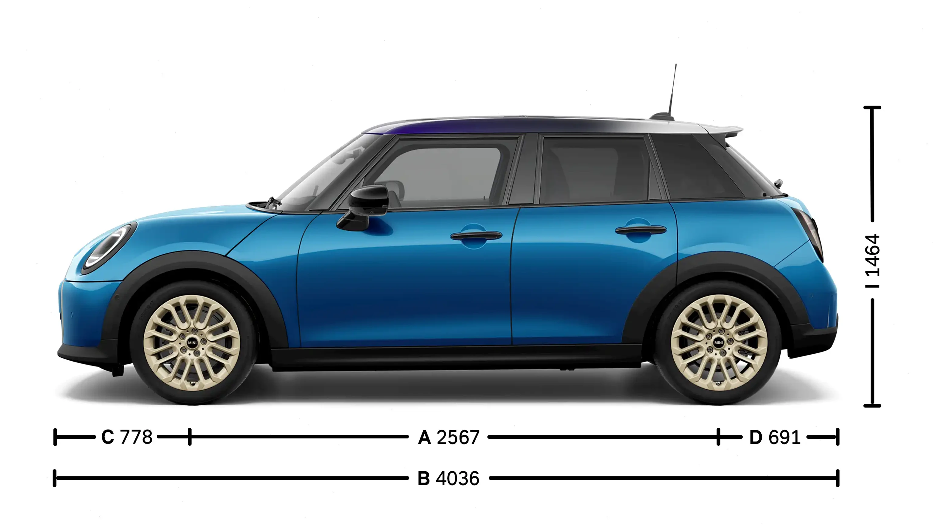 MINI Cooper 5 puertas - Medidas - Vista lateral