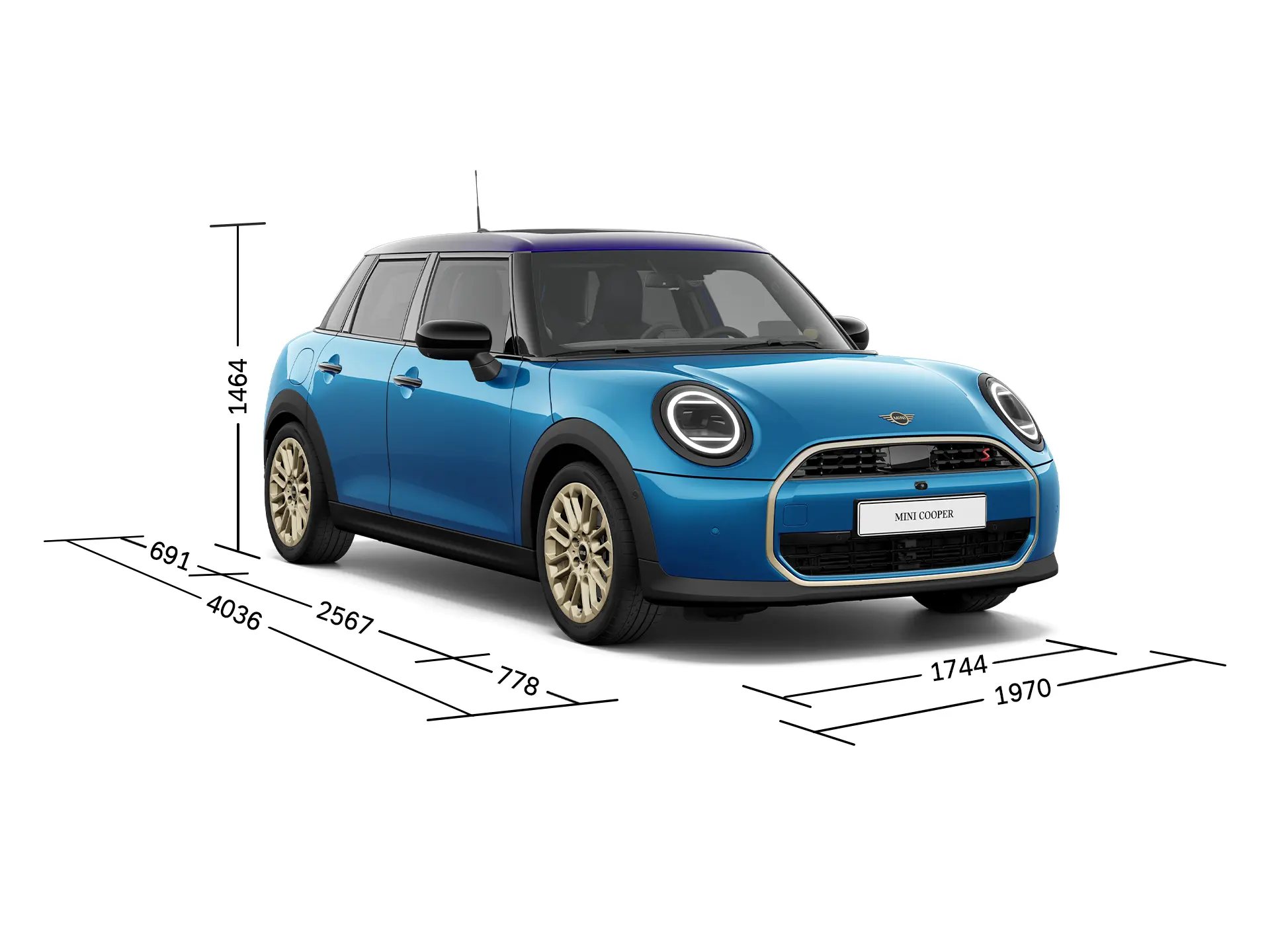 MINI Cooper 5 puertas - Vista frontal con medidas