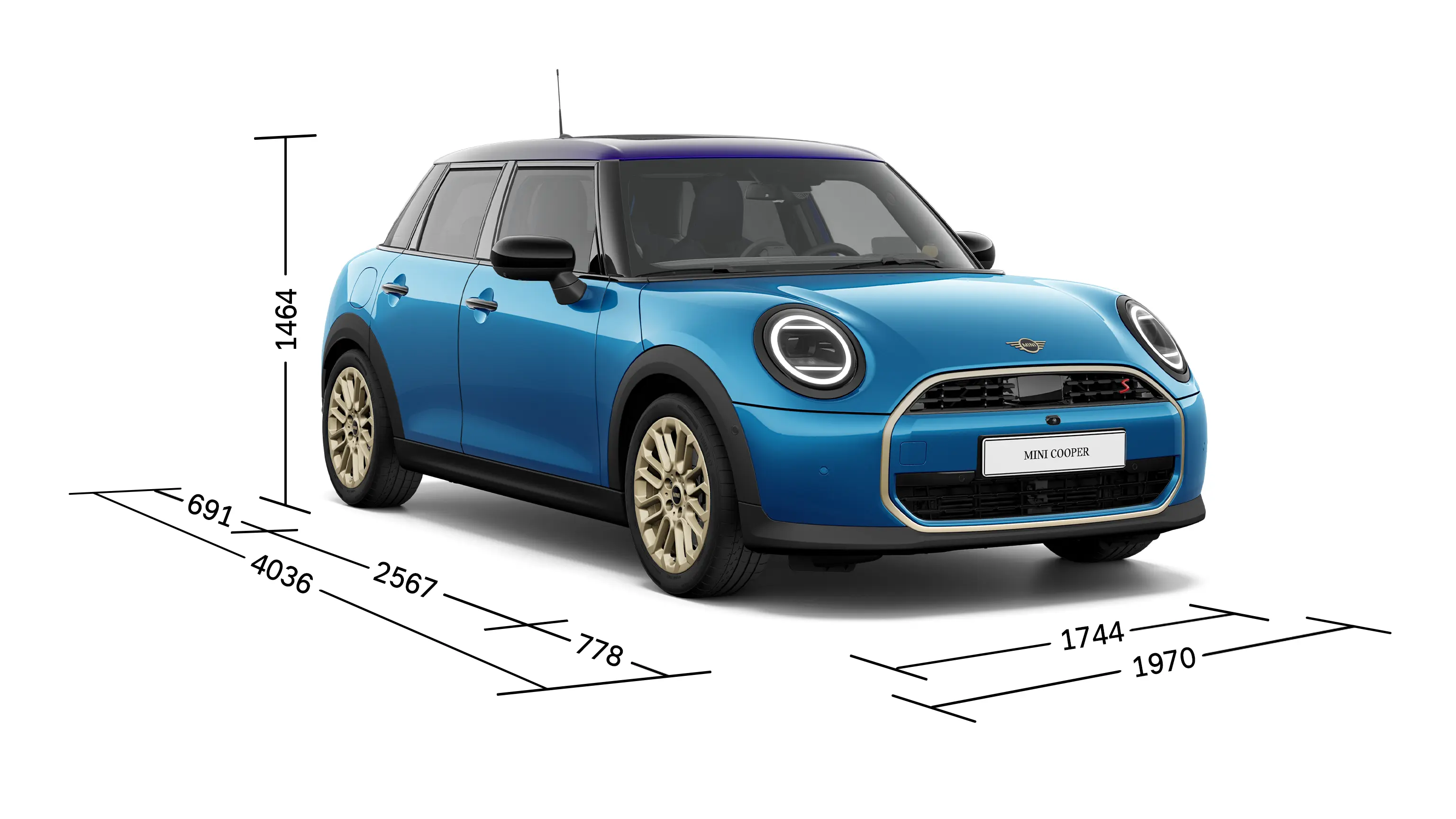 MINI Cooper 5 puertas - Vista frontal con medidas