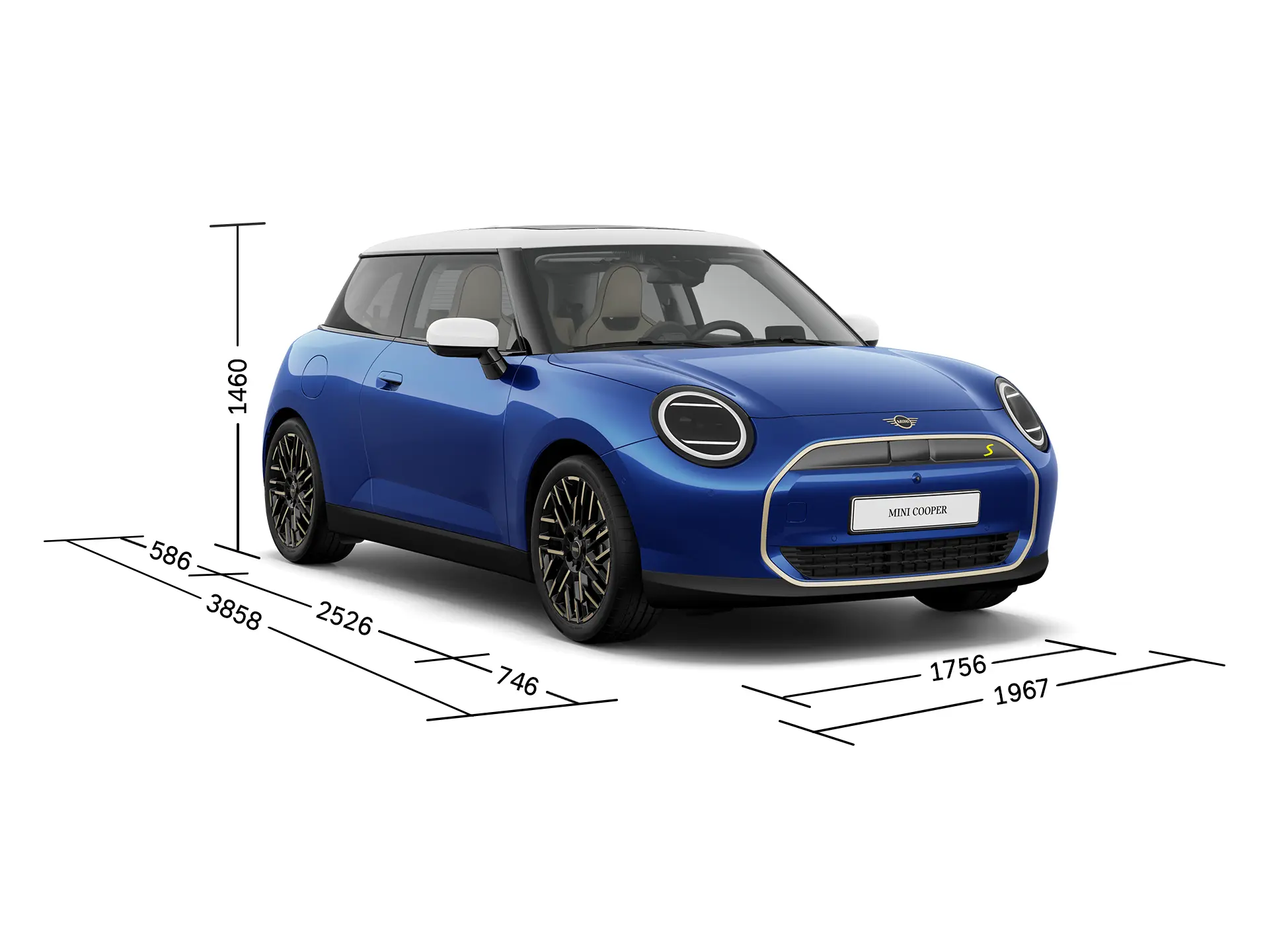 MINI Cooper 100% eléctrico - Vista frontal con medidas