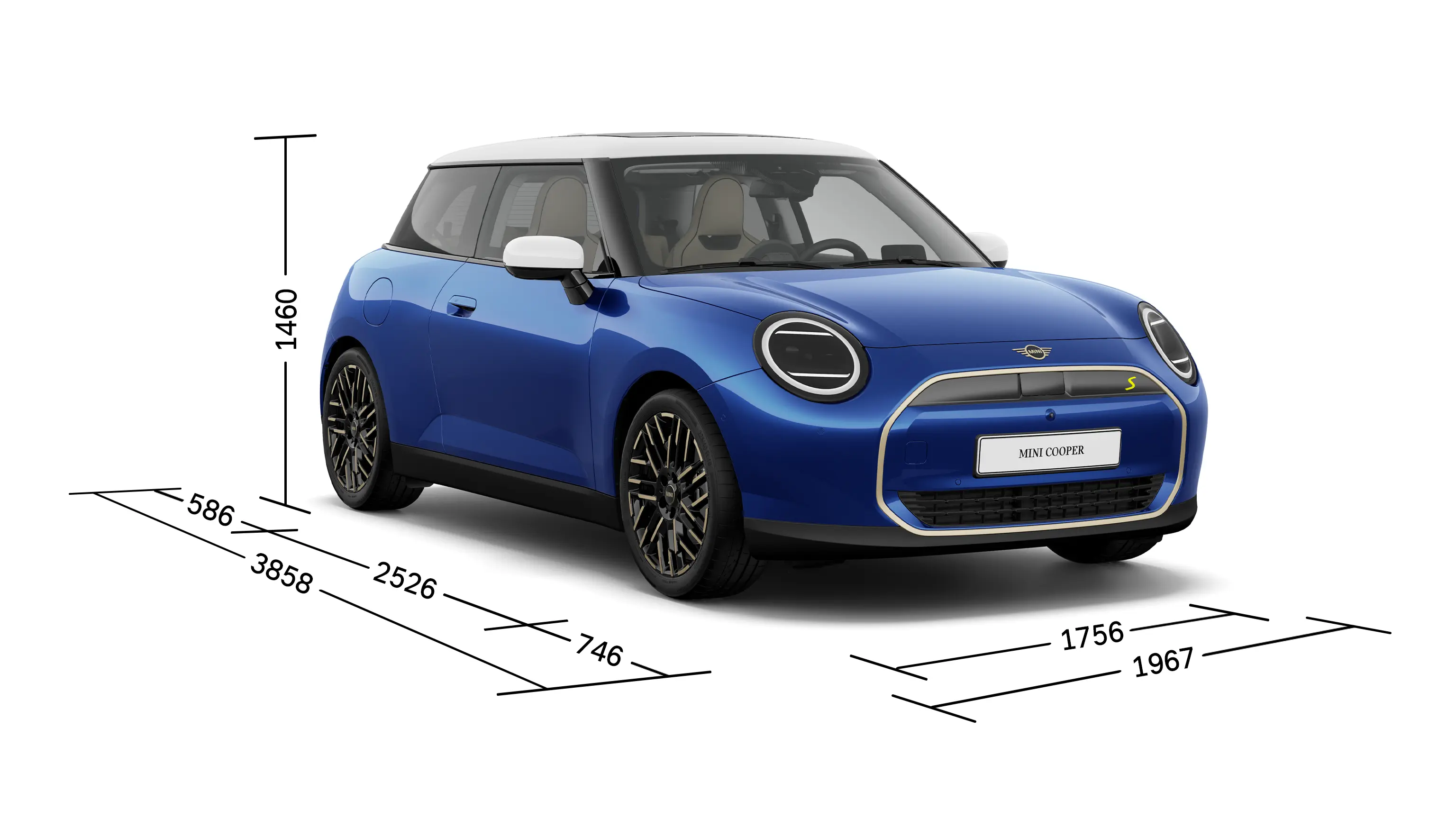 MINI Cooper 100% eléctrico - Vista frontal con medidas