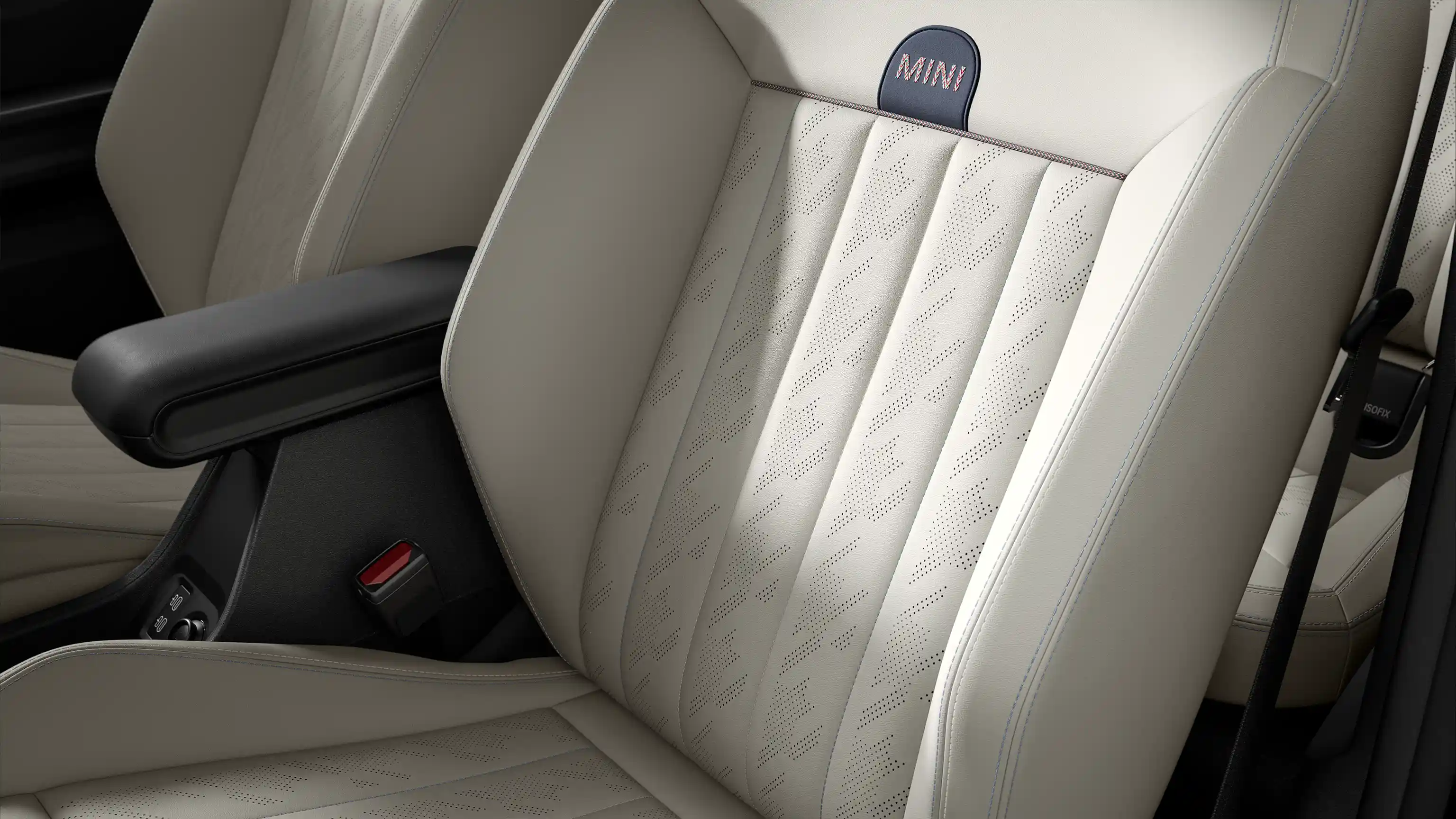 Vista del MINI Cooper Cabrio con acabado Favoured y asientos en Vescin Beige