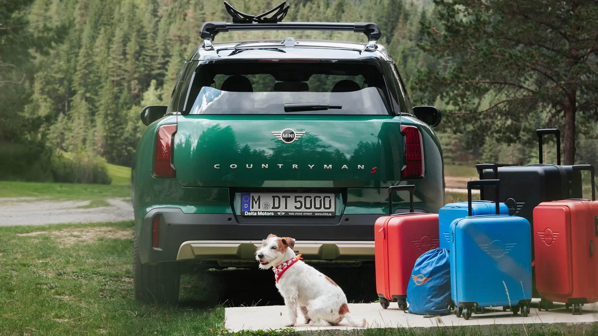 Un MINI Countryman en Green con varios artículos de equipaje de la tienda MINI Lifestyle detrás del vehículo y un perro de raza Jack Russell. 