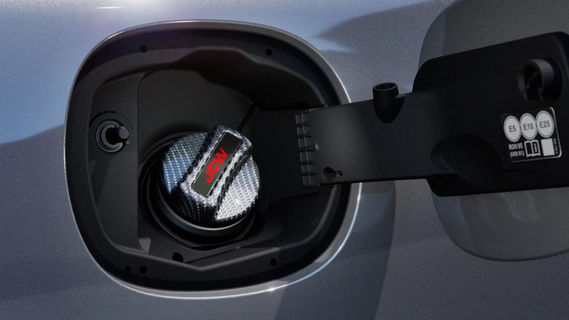 Tapón del depósito de combustible de carbono MINI John Cooper Works con inscripción JCW.