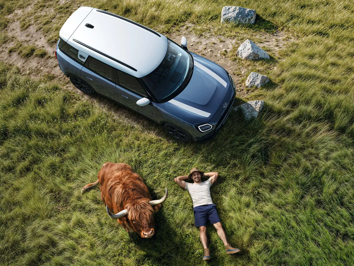 Un hombre descansa sobre la hierba junto a su MINI Countryman S ALL4 con una vaca de las tierras altas tumbada a su lado.