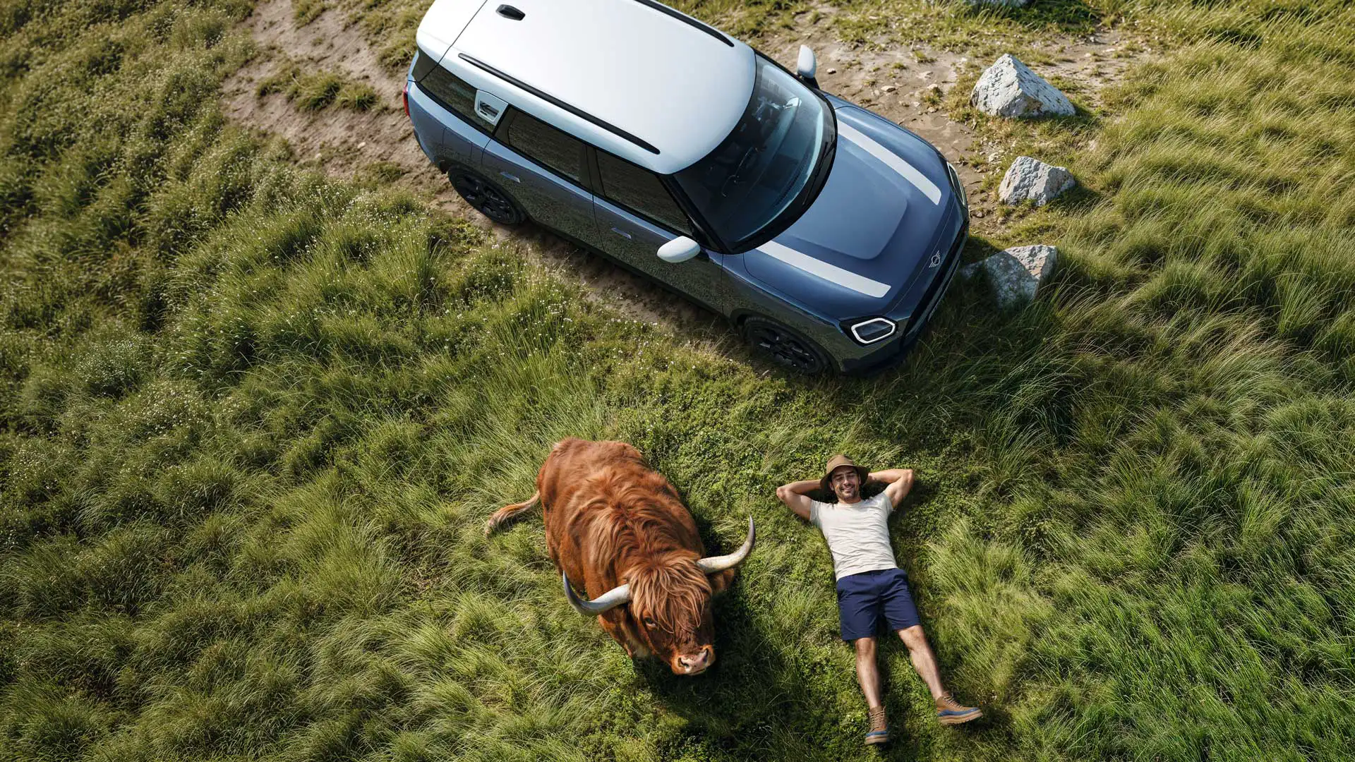 Un hombre descansa sobre la hierba junto a su MINI Countryman S ALL4 con una vaca de las tierras altas tumbada a su lado.