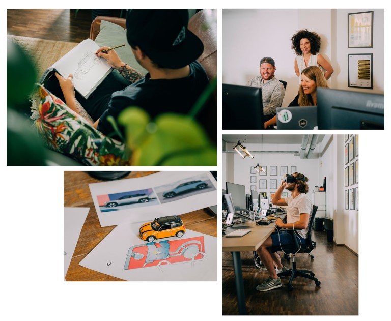 : A collage of images featuring scenes from the Demodern office in Cologne.